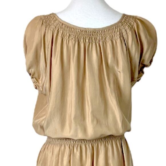 Talbots Dress Smocked Blouson Waist Tan 100% Silk Short Sleeve Women’s Medium M - Picture 8 of 12